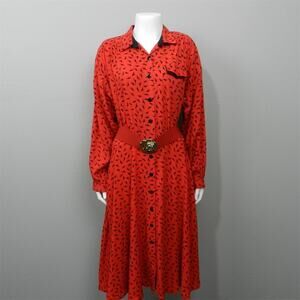 Vintage 80s 90s Midi Dress Size 16 Belted Red Retro Western‎ Swing Rockabilly